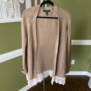 Tan/brown cardigan with lace detail